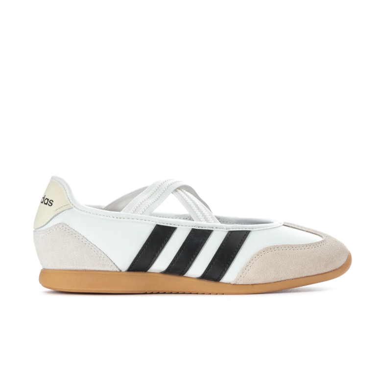 adidas White Cross-Strap Ballet Flats with Black Stripes and Gum Soles