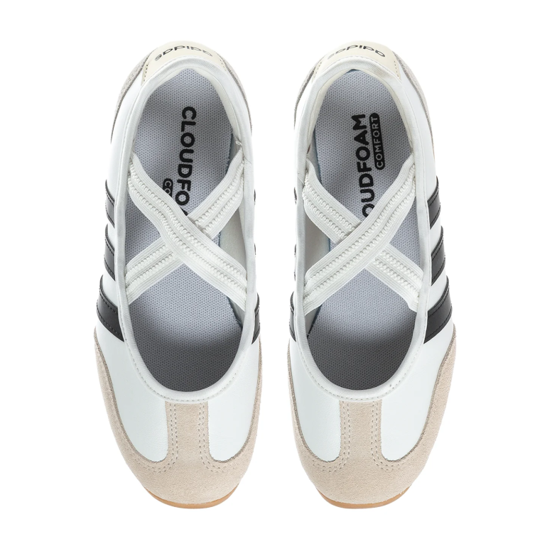 adidas White Cross-Strap Ballet Flats with Black Stripes and Gum Soles