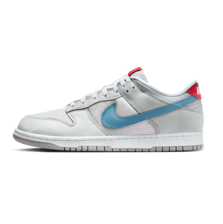 Nike Dunk Low Sneakers – Light Gray and White with Blue and Red Accents