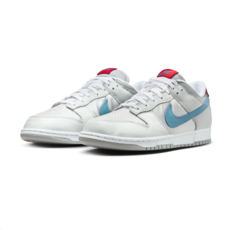Nike Dunk Low Sneakers – Light Gray and White with Blue and Red Accents
