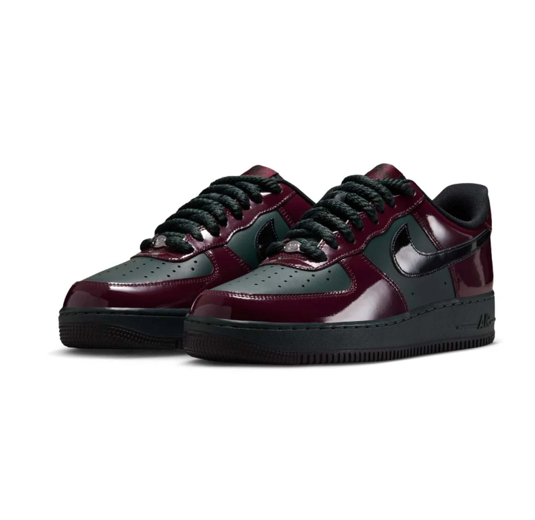 Nike Air Force 1 Low Sneakers – Glossy Burgundy and Dark Green with Black Sole