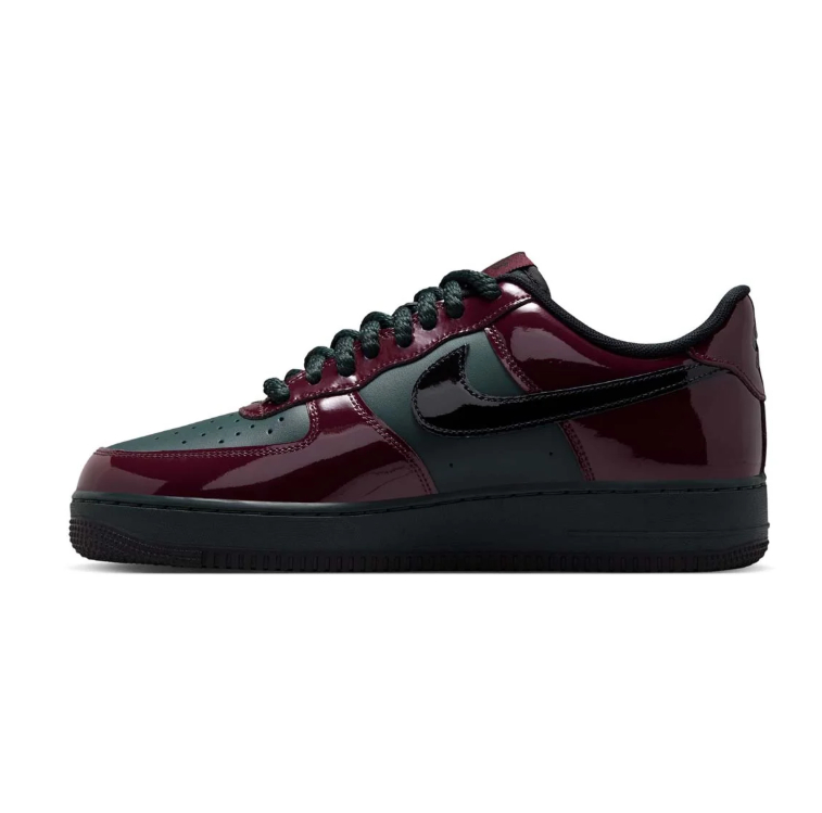Nike Air Force 1 Low Sneakers – Glossy Burgundy and Dark Green with Black Sole