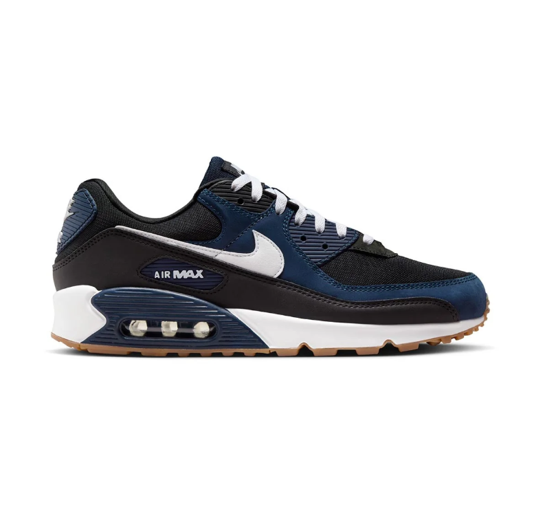 Nike Air Max 90 Black and Navy Sneakers with White Swooshes and Gum-Toned Sole