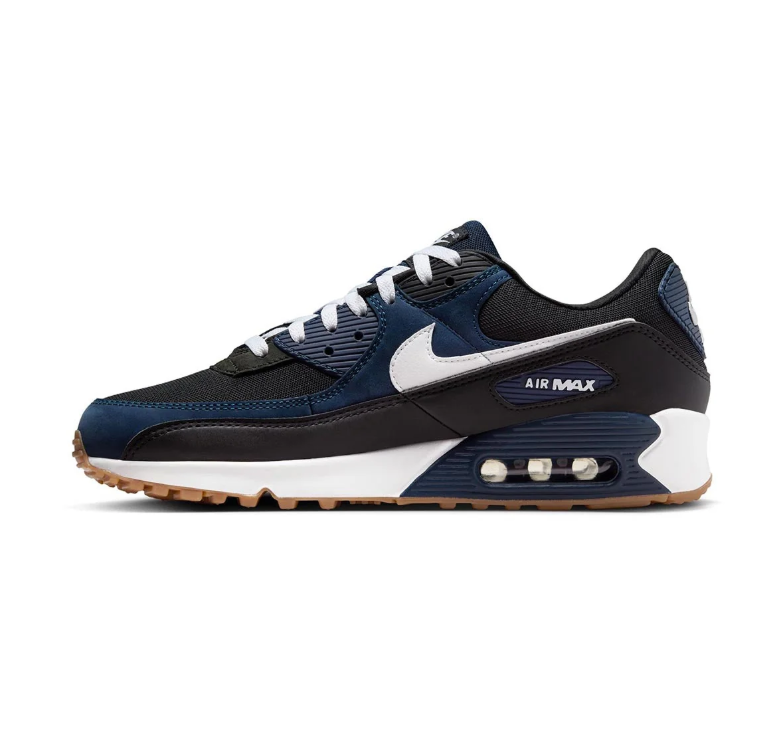 Nike Air Max 90 Black and Navy Sneakers with White Swooshes and Gum-Toned Sole
